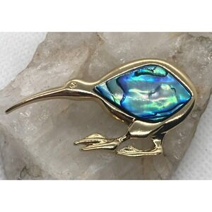 Ariki Paua Abalone Shell‎ Kiwi Bird Pin Brooch Gold Plated from New Zealand